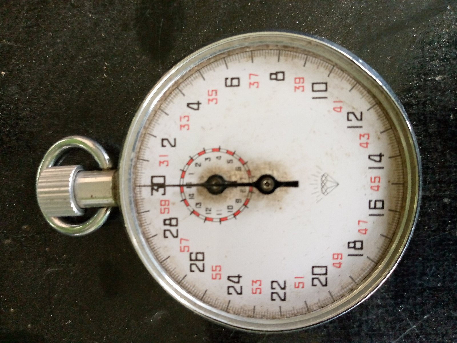 An analogue stopwatch with a white dial